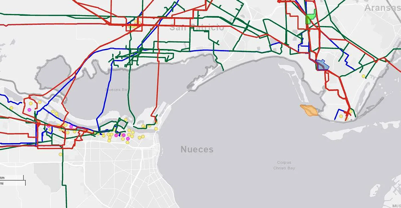 Regional map of crude, gas and NGL pipelines around Corpus Christi Bay