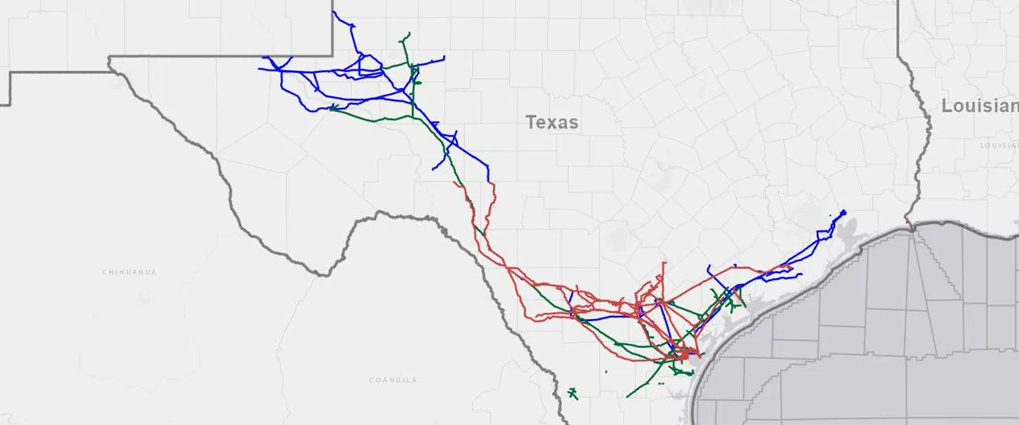 Map of long-haul crude, gas and NGL pipelines from the Permian and Eagle Ford basins to Corpus Christi